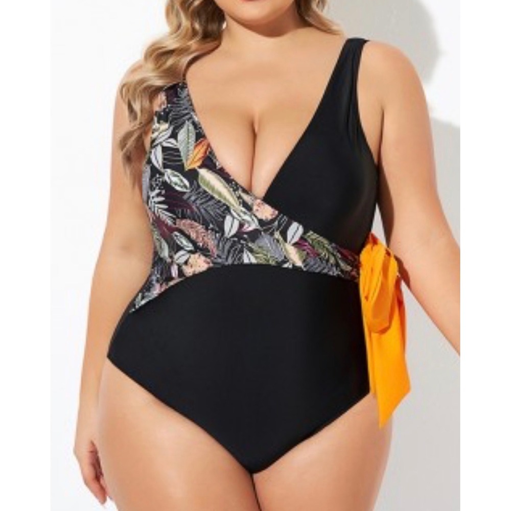 Meet Curve Womens 4XL One Piece Swimsuit Black Tropical Leaf Wrap Waist Tie NWT